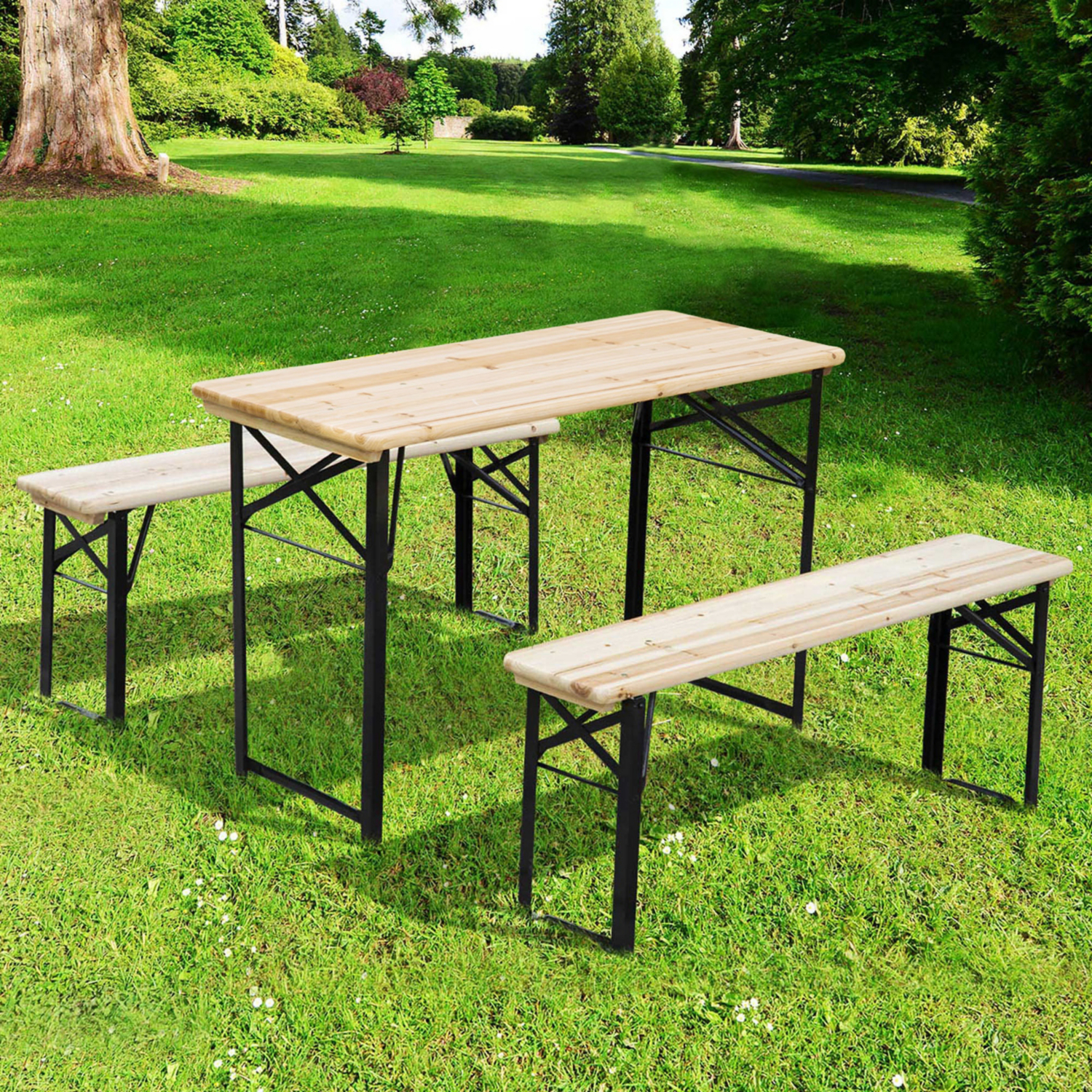 Ben Light Wood Outsunny Folding Wooden Picnic Table & Benches