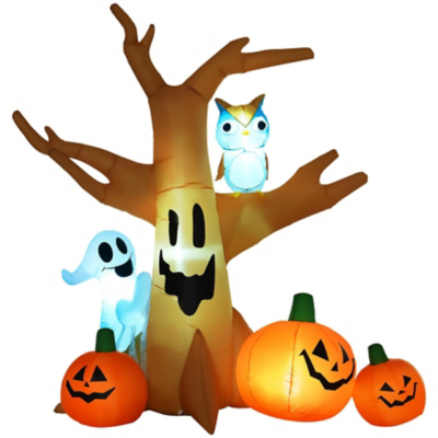 All Hallows 2.4m Halloween Inflatable Ghost Tree with 3 Pumpkins, Owl  & 4 LED Lights, Brown