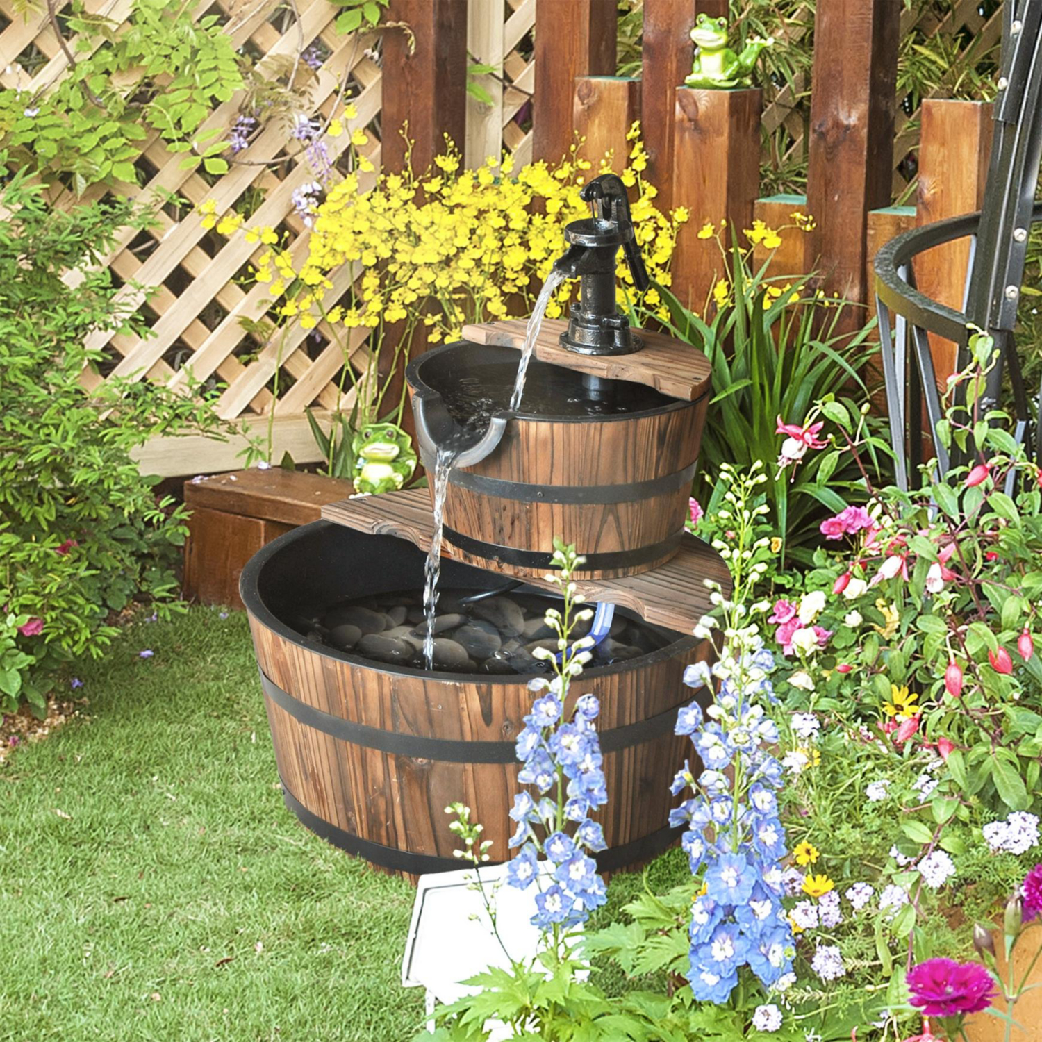 George Outsunny Wooden 2-Tier Barrel Water Fountain