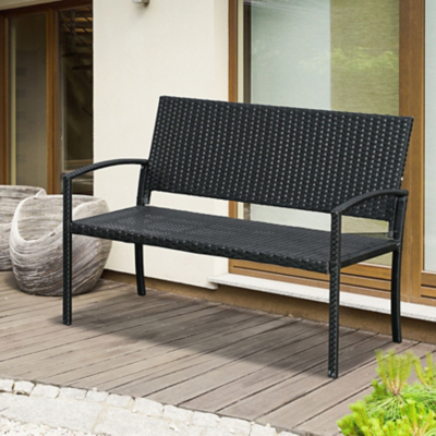 Outsunny Patio Rattan 2 Seater Garden Bench Love Seater Garden Armchair Outdoor, Black