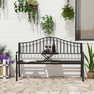 Outsunny Outdoor 2 Seater Garden Bench Middle Table Deluxe Metal Frame, Black