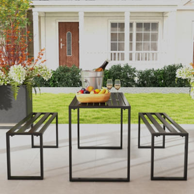 Outsunny Outdoor 3pc Metal Picnic Table and 2 Benches Set - Black, Black