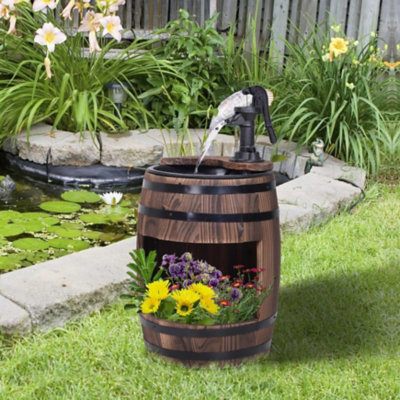 George Outsunny Wood Barrel Patio Water Fountain with Pump & Planter - Dark Wood