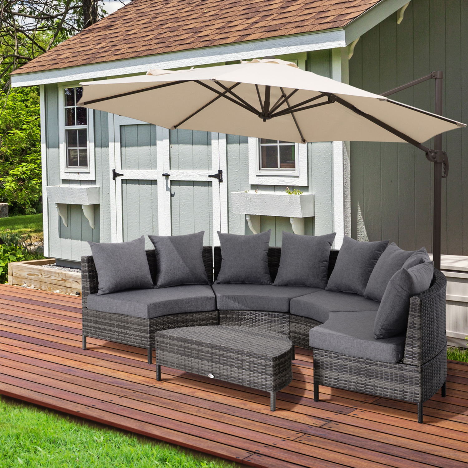 4 Seater Half Moon Rattan Garden Furniture Set Outdoor Patio Sofa Grey - Image 8