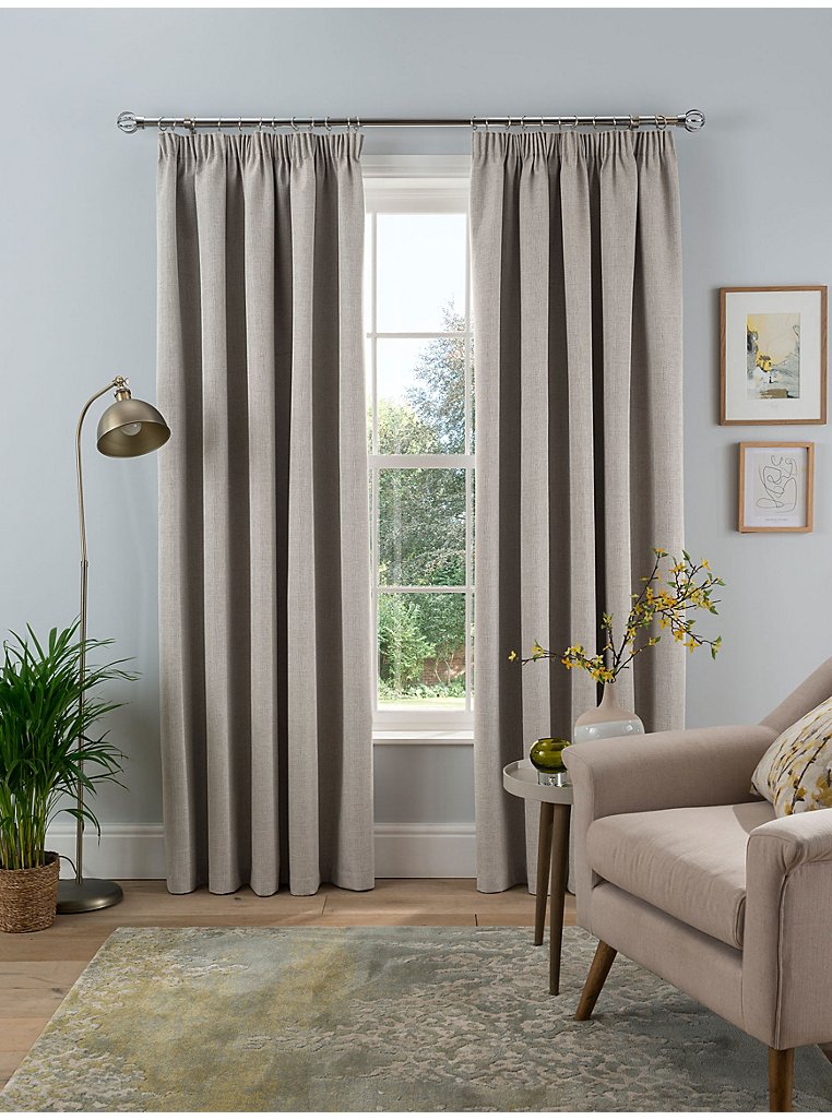Sleepdown Textured Rib Weave Blackout Pencil Pleat Curtains in Natural ...