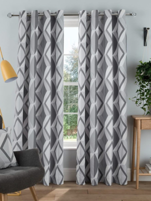 Sleepdown Printed Large Diamond Geo Eyelet Curtains in Grey Home