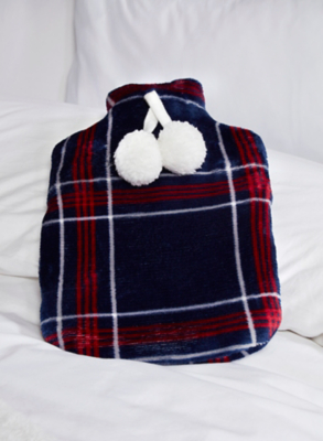 Sleepdown super cosy printed check fleece pompom hot water bottle in