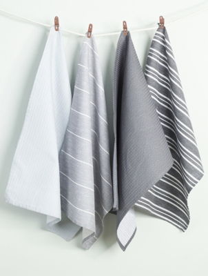 Sleepdown Textured Stripe Printed & Waffle Tea Towels 100 Cotton Half Panama 4 Pack Home