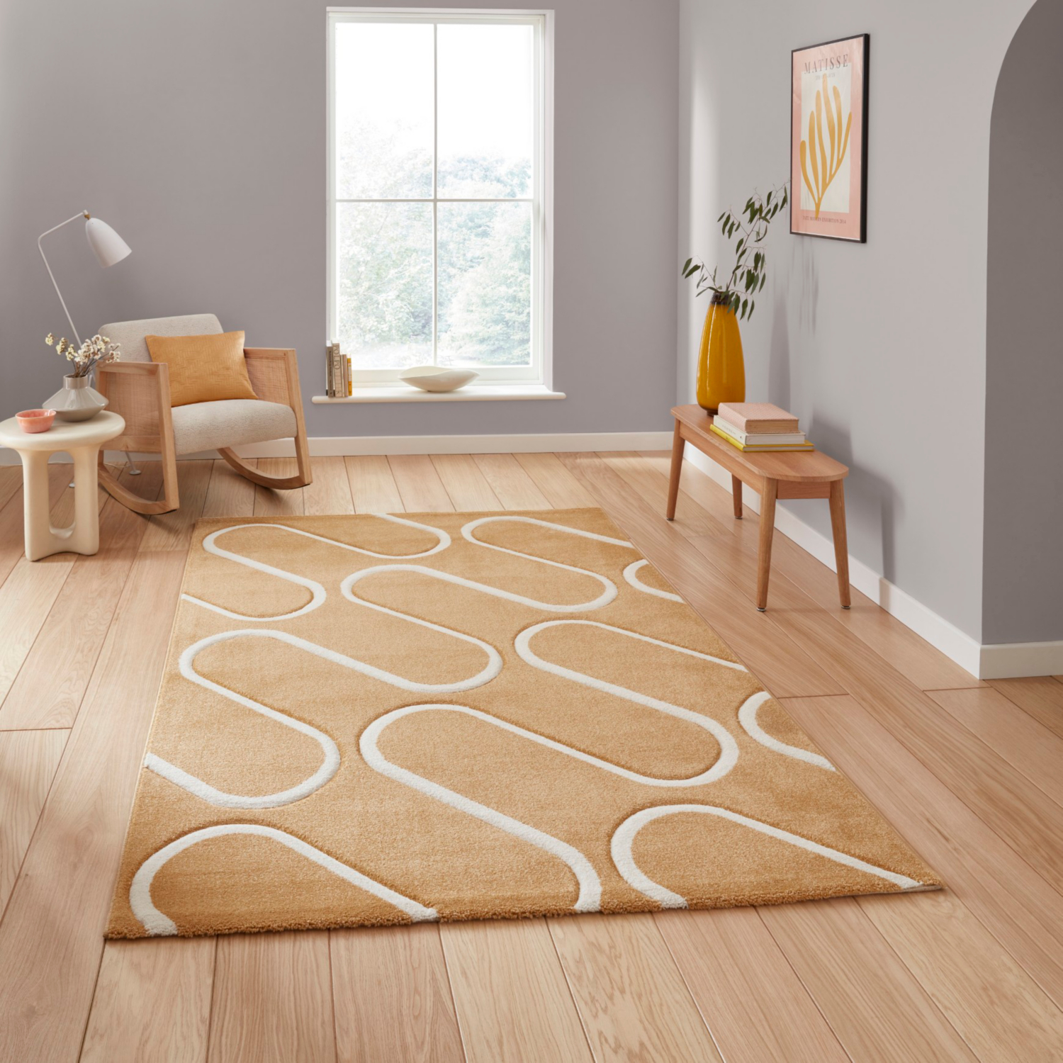 Cat Ochre Catherine Lansfield Linear Curve Geometric Rug