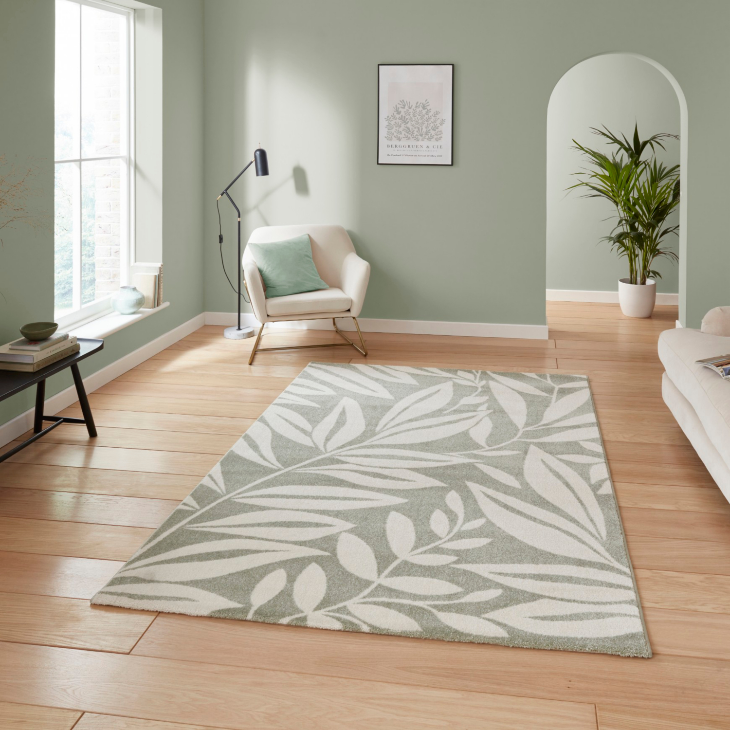 Cat Sage Green Catherine Lansfield Sage Sorral Leaves Botanical Rug