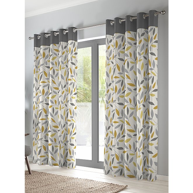 Fusion Beechwood Floral Leaf 100% Cotton Fully Lined Eyelet Curtains Ochre 