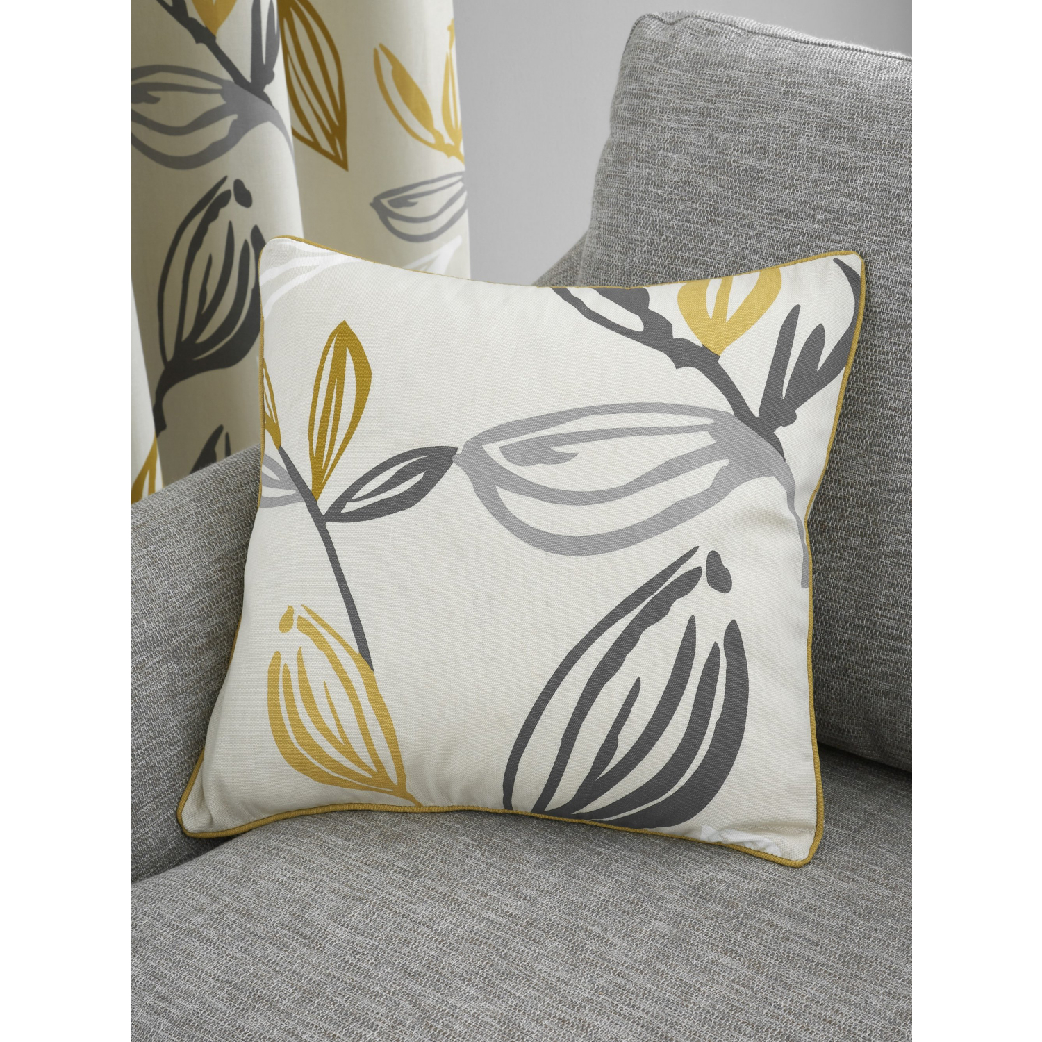 Fusion Unisex Mustard 'Ensley' Minimalist Leaf Print Filled Cushion 100% Cotton In | Size: 43 Cm X 43 Cm - Image 4
