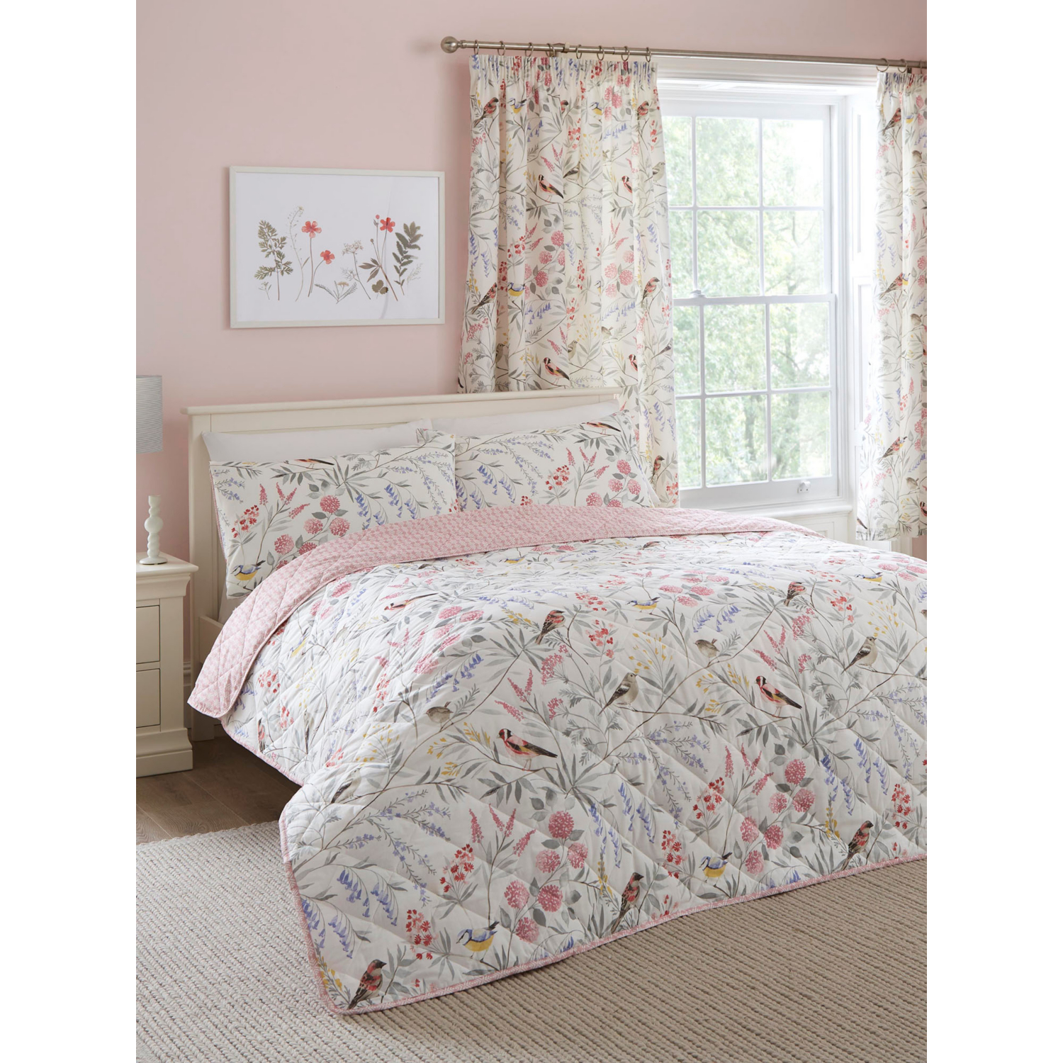 George Pink D&D Caraway Garden Birds Quilted Bedspread - 200Cm X 230Cm