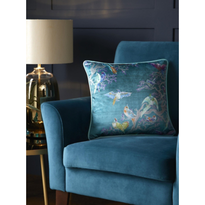 Laurence Llewelyn-Bowen 'Birdity Absurdity' Soft Touch Velvet Filled Cushion in Blue | Size: 43cm x 43cm