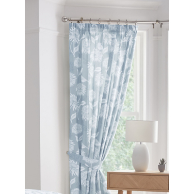 Dreams & Drapes 'Chrysanthemum' Floral Print Lined Pair of Pencil Pleat Curtains With Tie-Backs in Blue | Size: 168 cm width x 183 cm drop