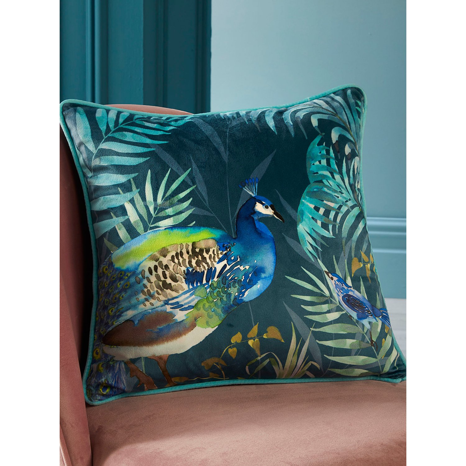 B&Q -  Peacock Jungle Velvet Teal Filled Cushion - Image 3