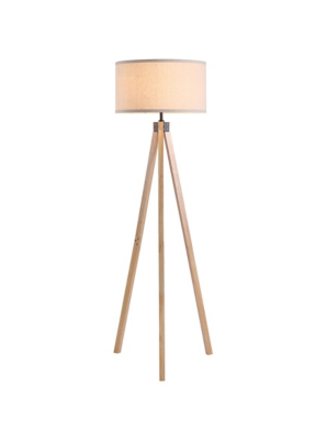 HOMCOM Beige Wood Tripod Floor Lamp