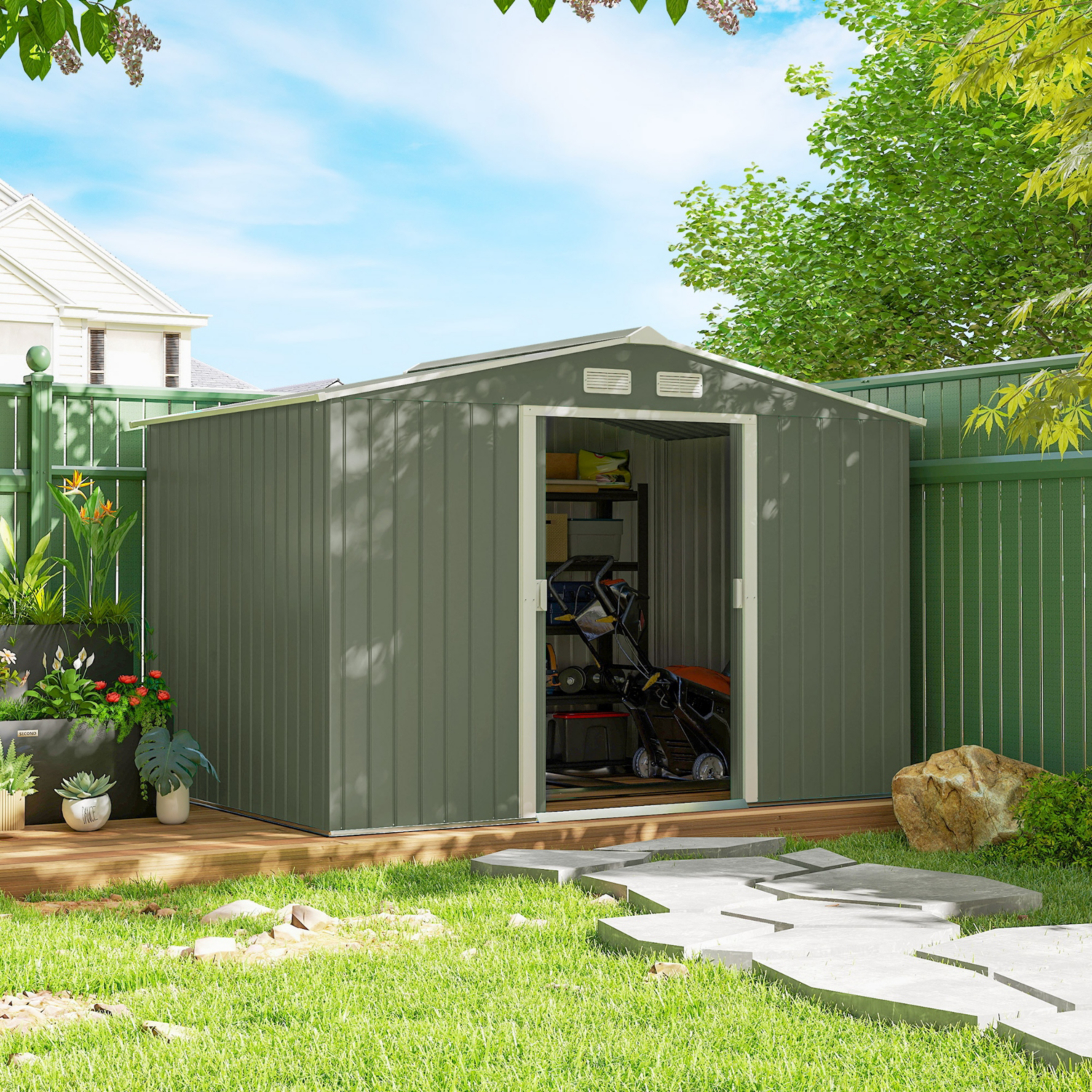 George Light Grey Outsunny Garden Shed Storage With Foundation Kit And Vents