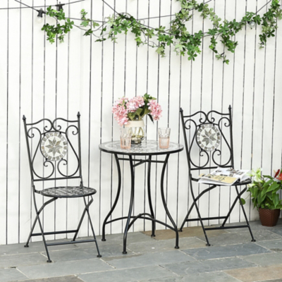 Outsunny 3pc Mosaic Tile Garden Bistro Set w/ Table and 2 Folding Chairs, Grey