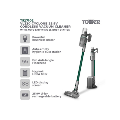 Tower VL220 Cyclone Dust Station Cordless Vacuum Cleaner with up to 45 Minutes Run Time - Titanium / Black - T527102