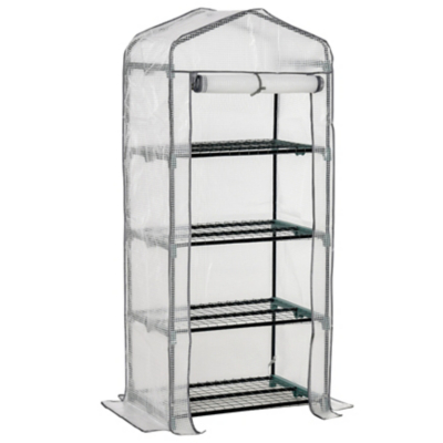 George Outsunny Portable 4-Tier Mini Greenhouse Plant Grow House Shed w/ Cover - White