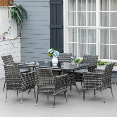 Outsunny 7Pc Rattan Garden Furniture Dining Set Wicker Patio Conservatory Seater, Grey