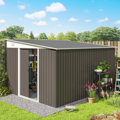 Outsunny 11 x 9ft Steel Garden Storage Shed w/ Sliding Doors and 2 Vents - Grey, Grey