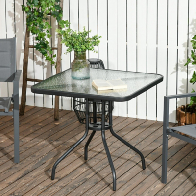 Outsunny Square Patio Table, Tempered Glass Top Bistro Table, Garden Dining Table, Outdoor Accent Coffee Table 76 x 76cm Steel Frame with Umbrella Hole, Black