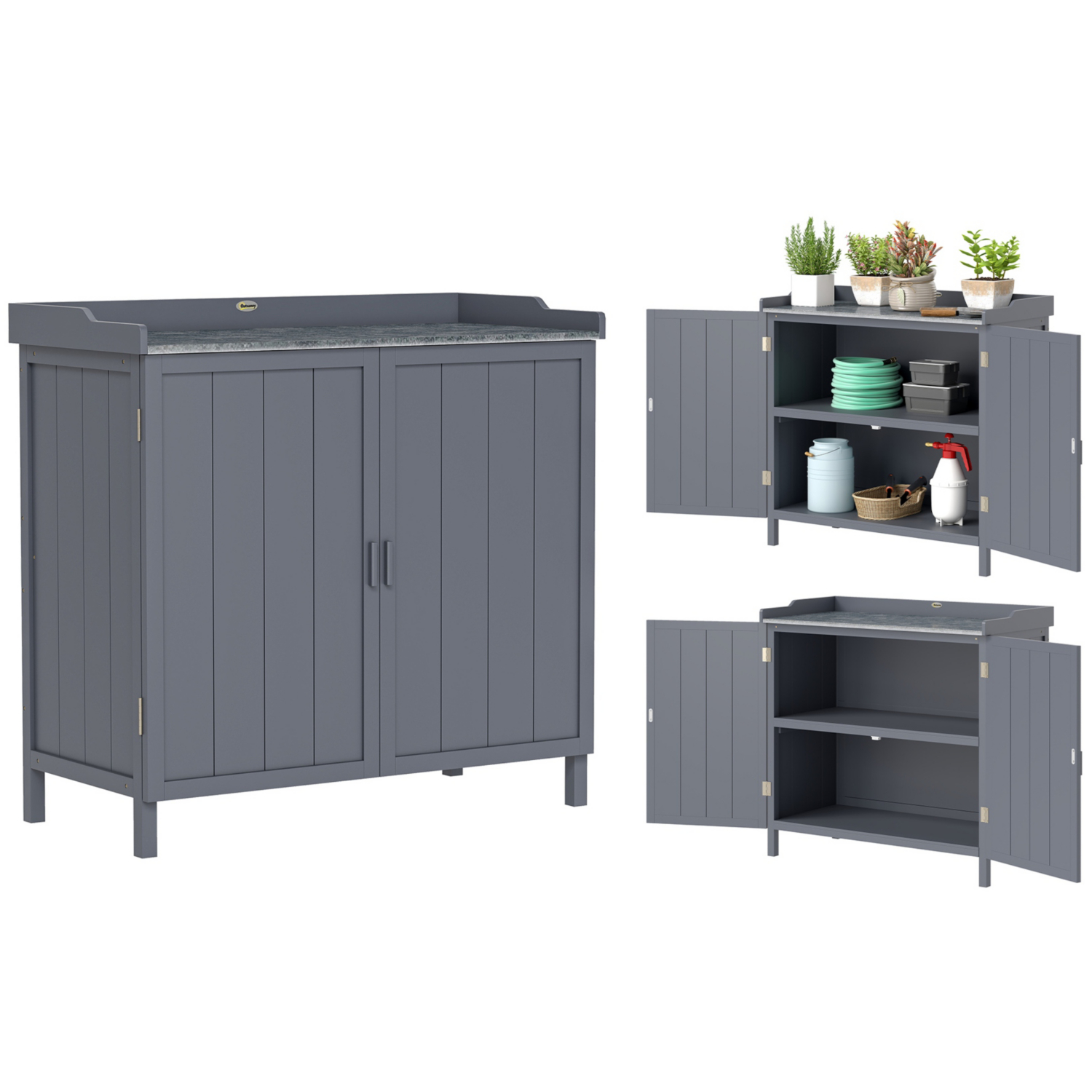Outsunny Potting Bench Table with Galvanized Top - Grey Wood - 98W x 48D x 95.5Hcm - Image 7