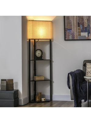 HOMCOM Black Corner Floor Lamp – Dimmable Warm White LED, Wood Grain, 1530 Lumens