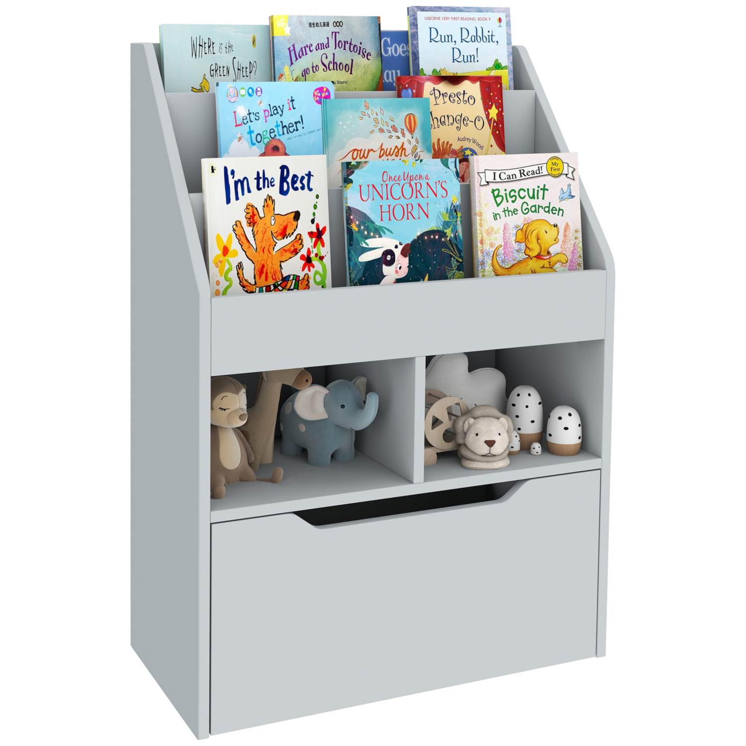 Homcom Grey Kids Bookcase, Toy Box W/ Storage Drawer, Wheels For Bedroom - Image 10
