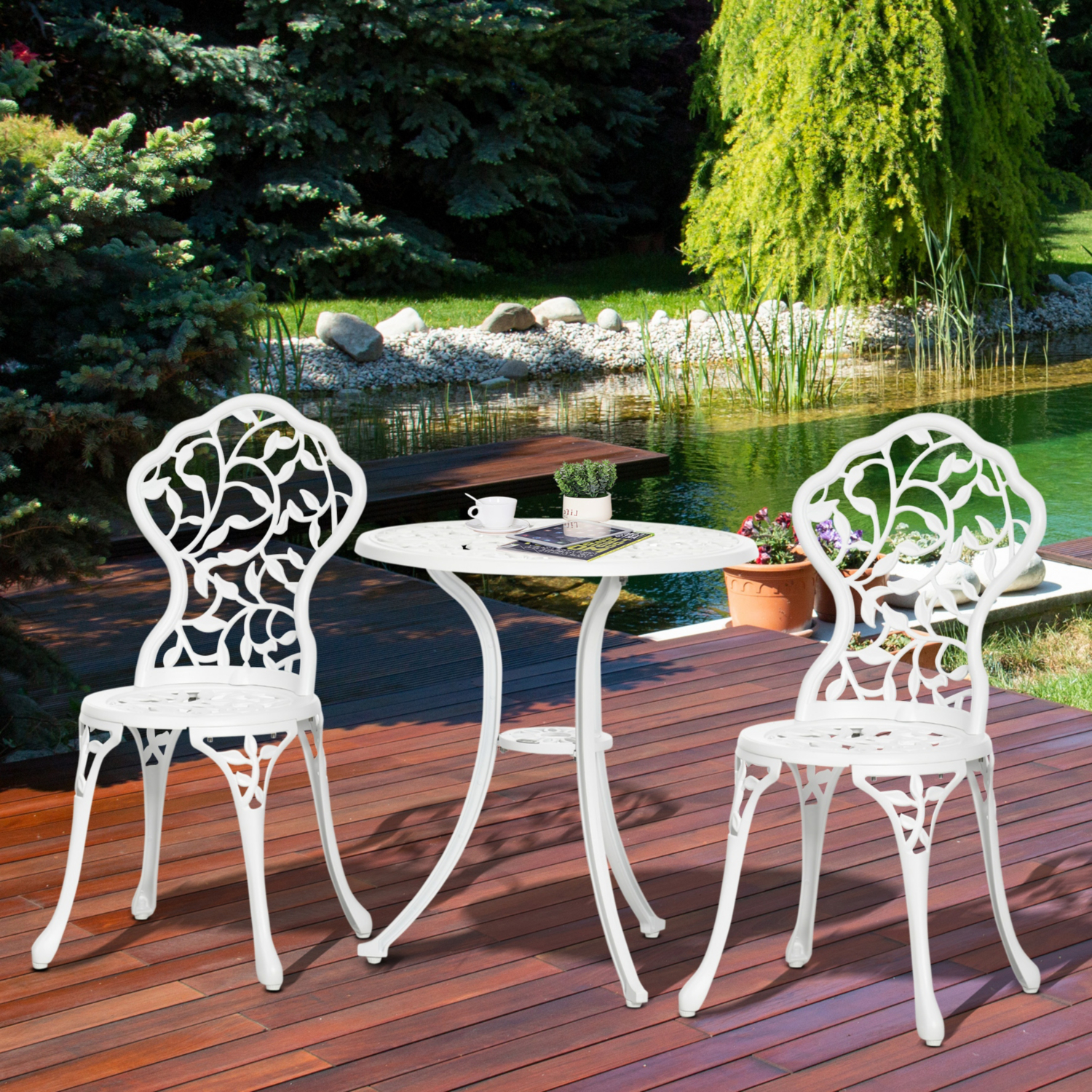 George White Outsunny Aluminium Garden Coffee Table & Chairs Bistro Set