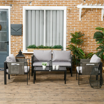 4 Piece Garden Furniture Set with Coffee Table Texteline Pocket Cushions Grey