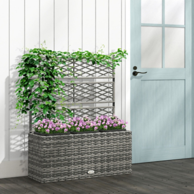 George Outsunny Light Grey 33L Rattan Planter & Trellis - Light Grey