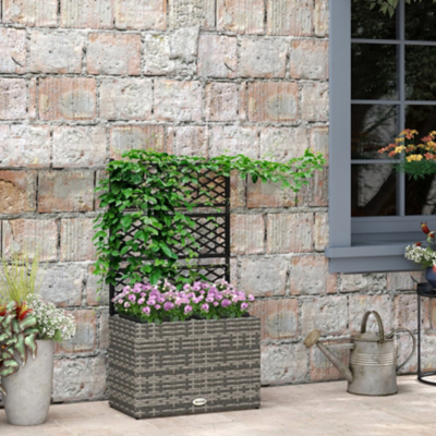 Outsunny Garden PE Rattan Planter w/Trellis/Raised Bed Grey, Grey
