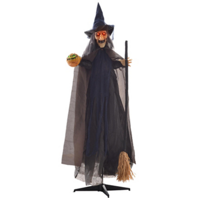 Homcom Halloween Witch With Broomstick Animatronic Prop With Light Up Eyes, Multi