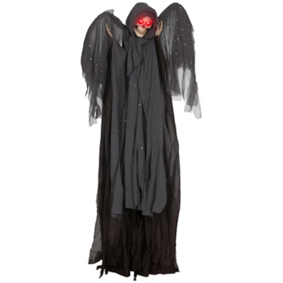 HOMCOM Winged Grim Reaper Animatronic Prop w/ Light Up Eyes, for Haunted House, Grey