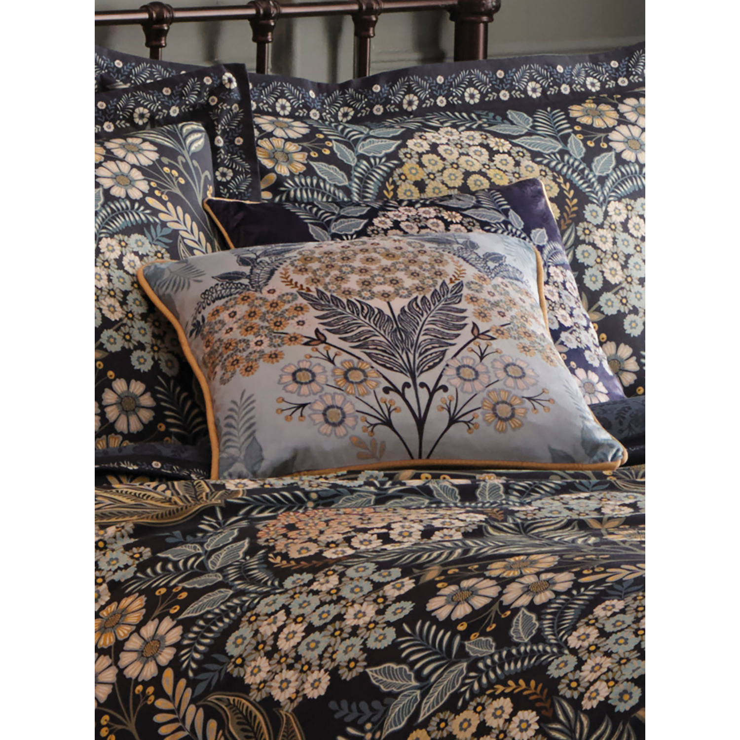 Appletree Unisex Navy 'Evelina' Geometric Floral Velvet Filled Cushion In | Size: 43 Cm X 43 Cm - Image 2