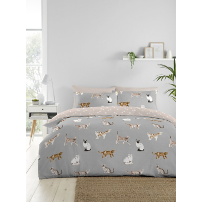 Fusion 'Cats' Luscious Hand Drawn Cat Print Duvet Cover Set in Grey | Size: Double