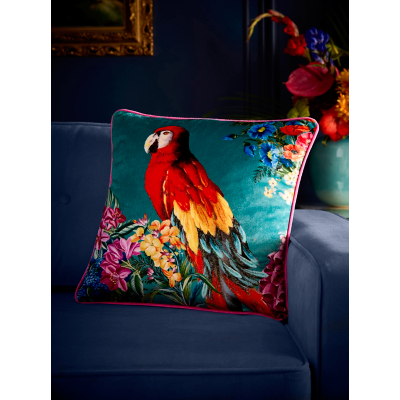 Laurence Llewelyn-Bowen 'Polly Amorous' Parrot & Floral Print Soft Touch Velvet Filled Cushion in Teal | Size: 43cm x 43cm