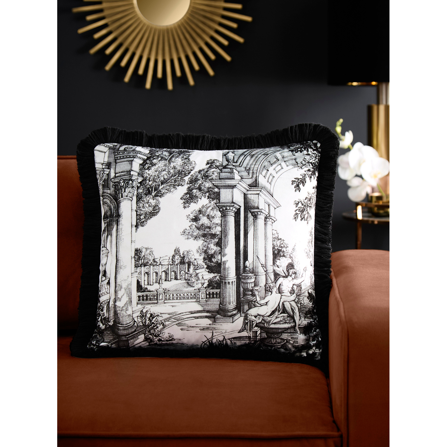 House Llewelyn - Bowen Monochrome Laurence Llewelyn-Bowen Vista Velvet Filled Cushion, Classical Toile Pattern, Decorative Throw Pillow, 1 Count, 43 X 43 Cm, 100% Recycled Polyester - Image 6