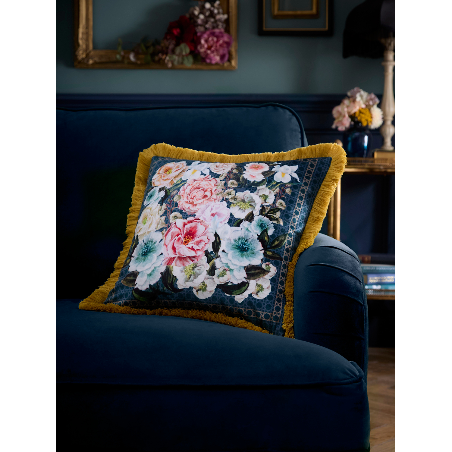 George Blue Laurence Llewelyn-Bowen Bouquet List Velvet 43 X 43Cm Filled Cushion