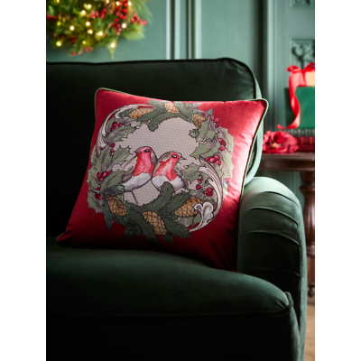 Laurence Llewelyn-Bowen 'Festive Robin' Velvet Chirstmas Filled Cushion in Red | Size: 43cm x 43cm