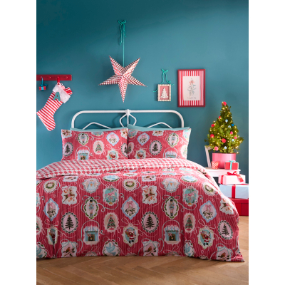 Christmas Vintage Frames Reversible Red Duvet Set - Single / Red