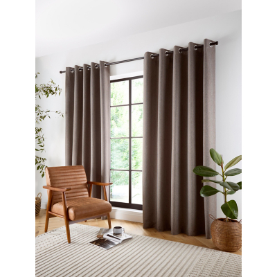 Curtina 'Plain Twill' Woven Texture Blackout Eyelet Curtains in Chocolate | Size: 117 cm width x 137 cm drop