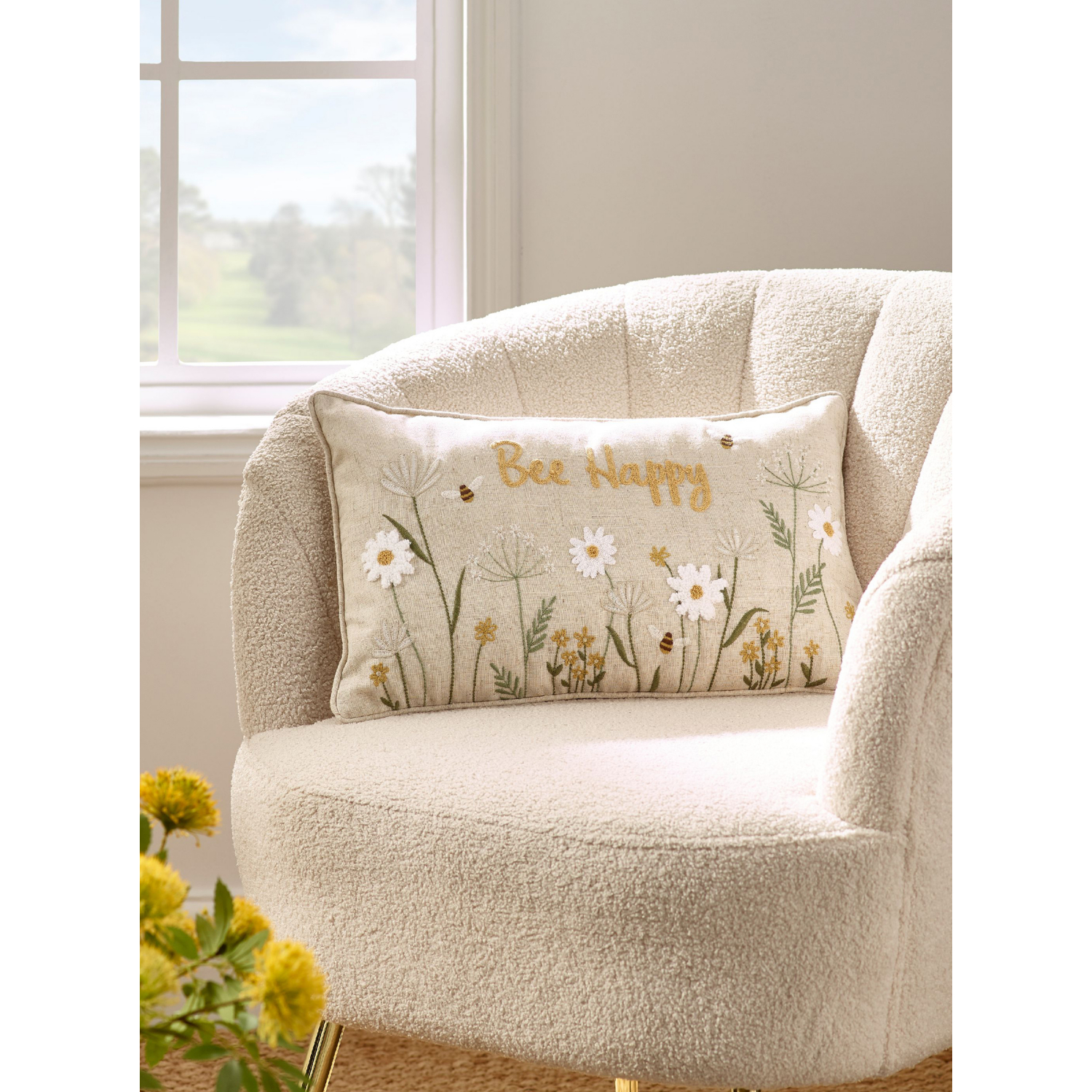 Cat Natural Catherine Lansfield Bee Happy Embroidered Cushion