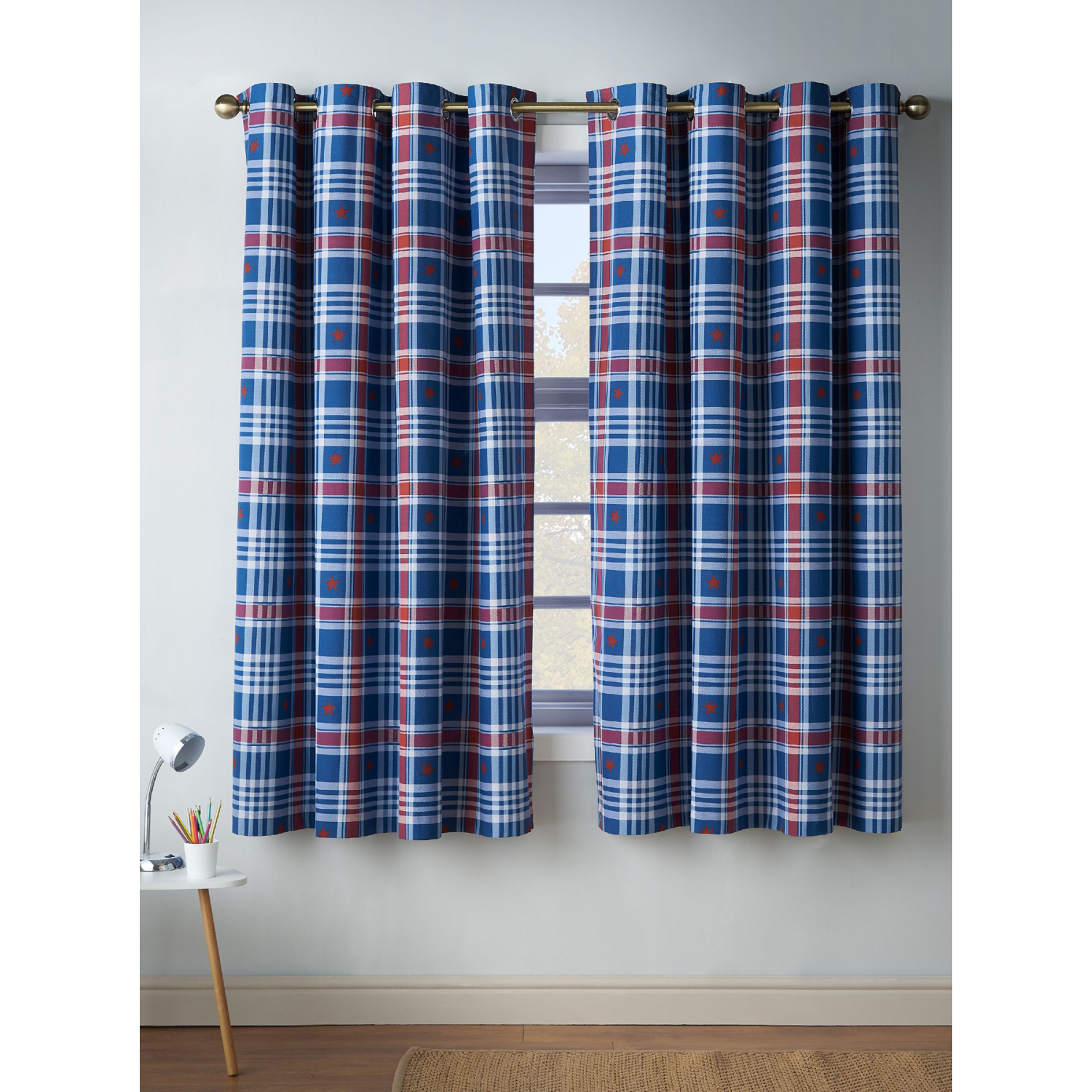 Rackhams Blue Stars And Check Fully Reversible Eyelet Curtains - 66 X 72 Inch - Image 3