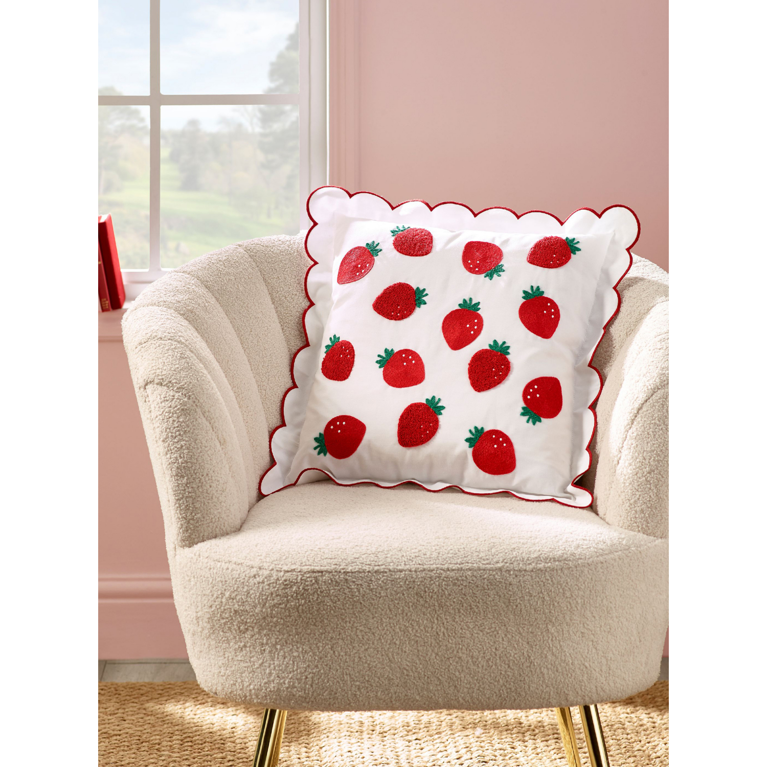 Catherine Lansfield Unisex Red 'Strawberry' Embroide Cushion In | Size: 45 Cm X 45 Cm - Image 3