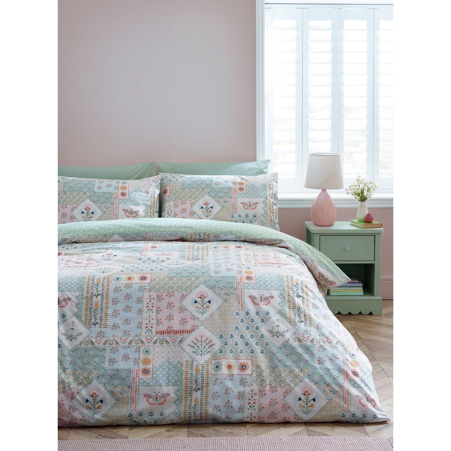 Cat Green Catherine Lansfield Folk Patchwork Duvet Cover Set