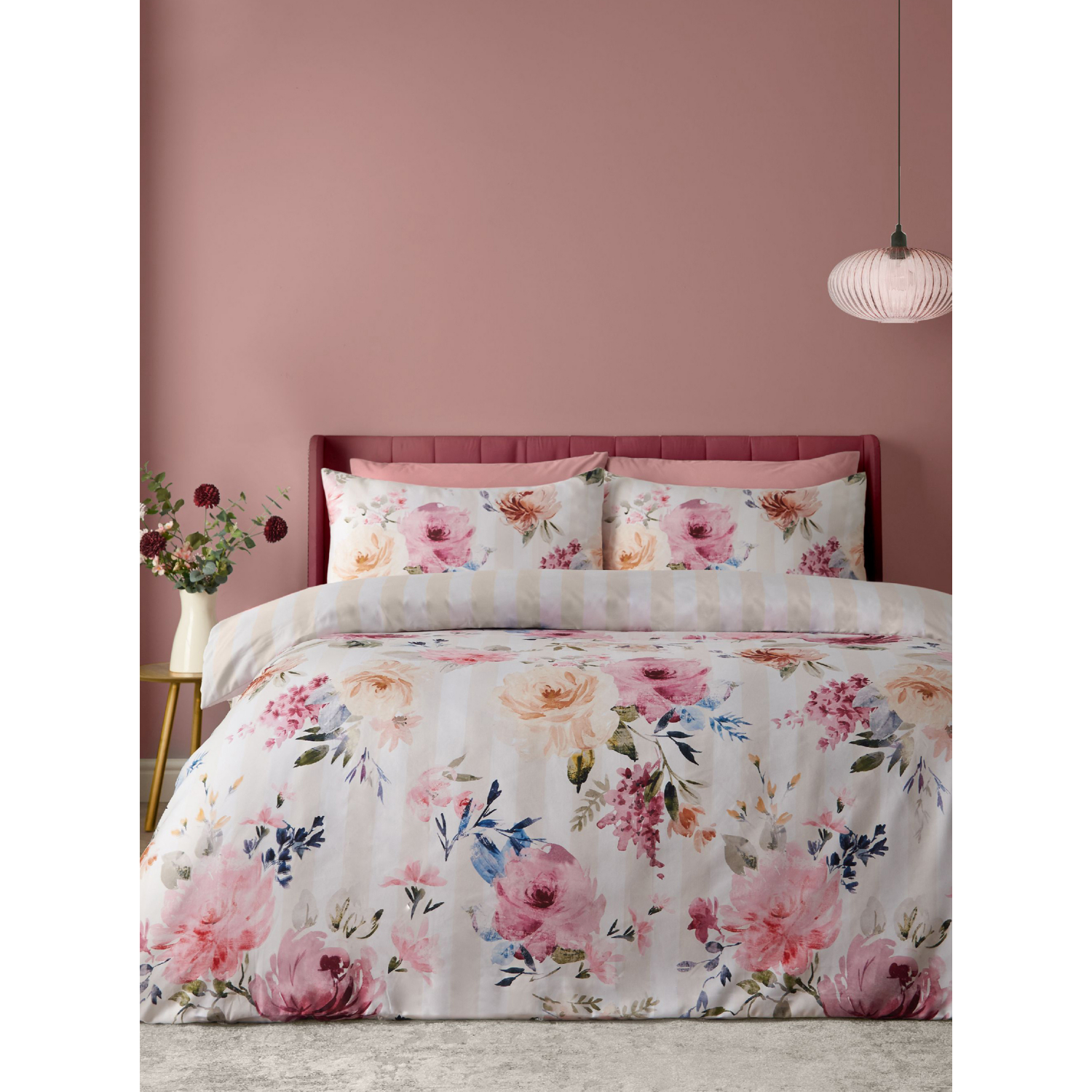 Catherine Lansfield Floral Stripe So Soft Double Duvet Cover Set Cream - Image 4